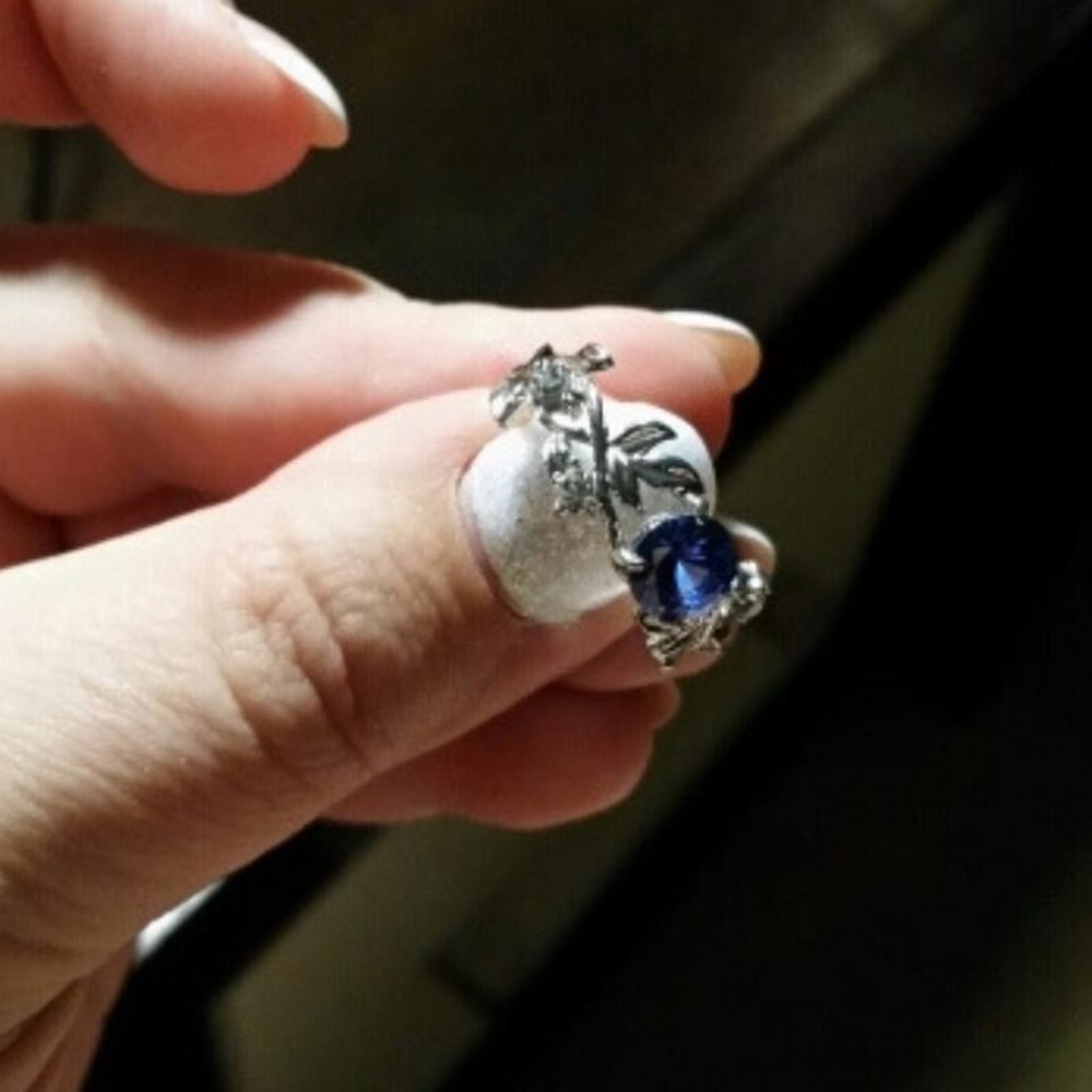 New Sterling Silver Blue White Sapphire Hand Crafted Floral Vine Flower Ring - Picture 6 of 14
